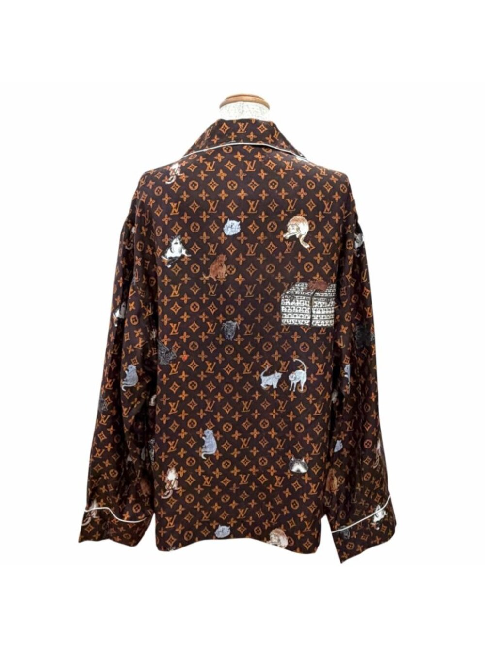 Louis Vuitton Silk 100% Cat Glam Print Cat Long Sleeve Shirt Brown 42 - Picture 4 of 11